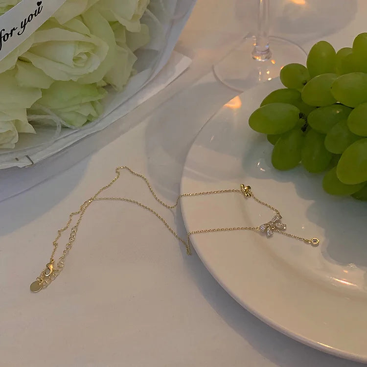 Double Bow-Knot Zircon Korean Pendant Necklace