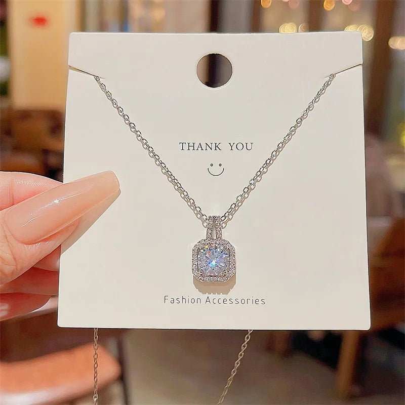 Diamond Square Platinum Plated Silver Zircon Pendant Necklace