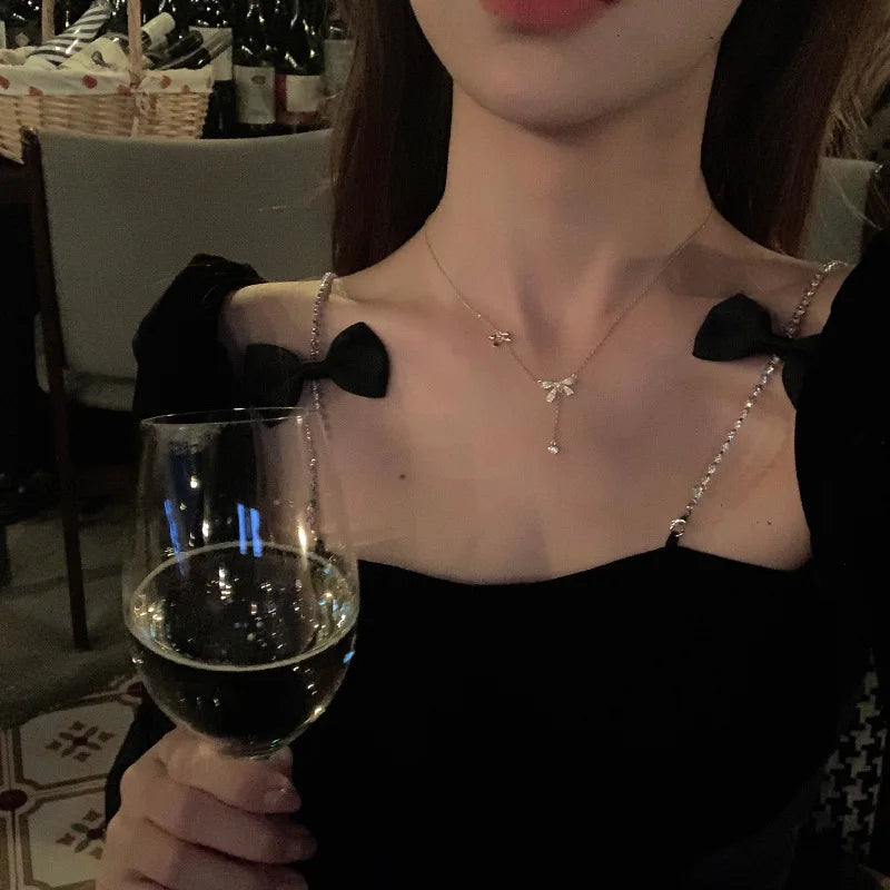 Double Bow-Knot Zircon Korean Pendant Necklace
