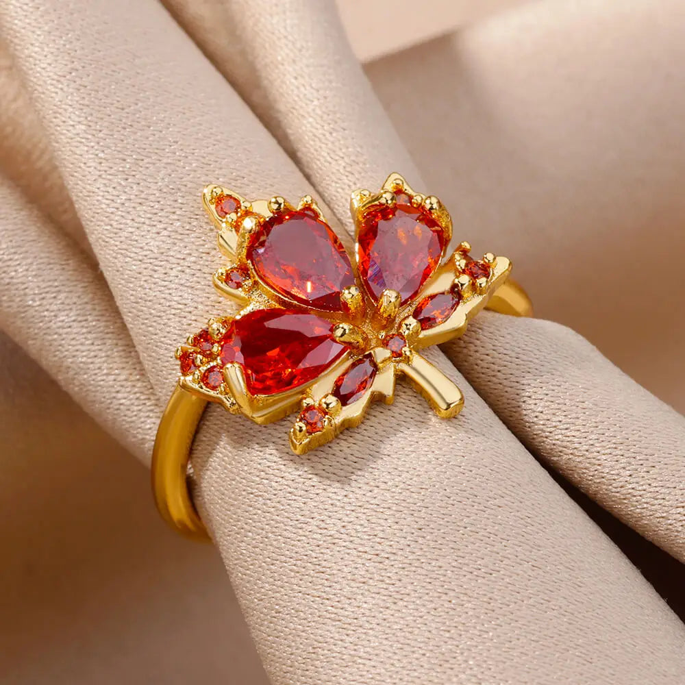 Red Maple Leaf Rings Adjustable
