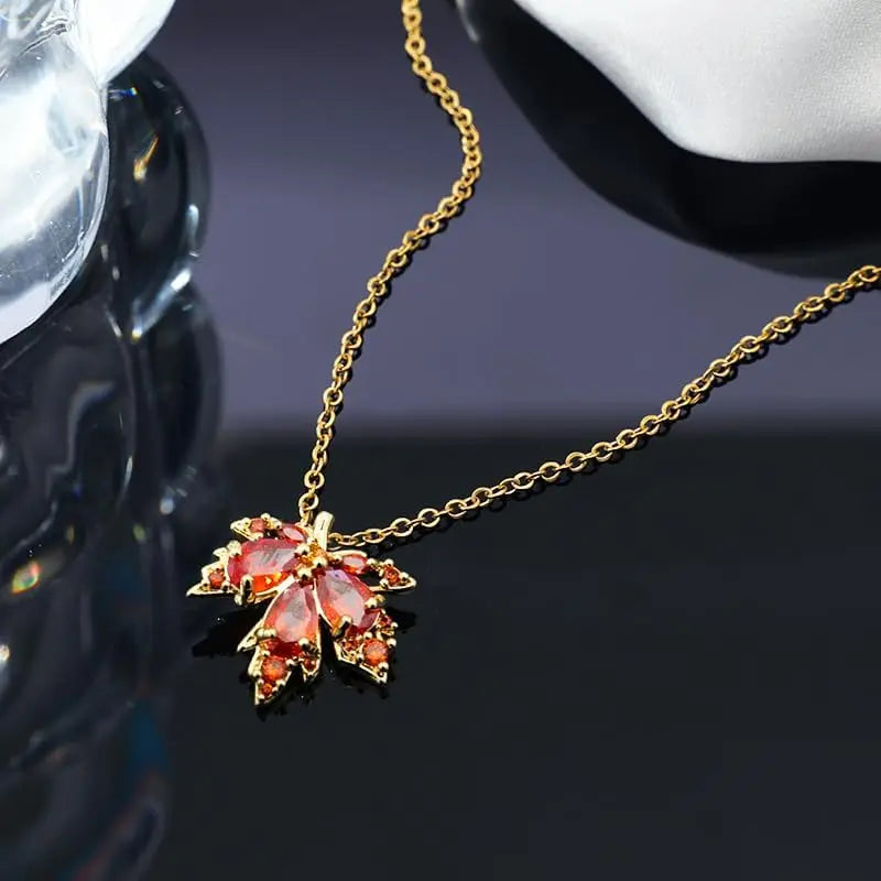 Red Maple Leaf Zircon Korean Pendant Necklace