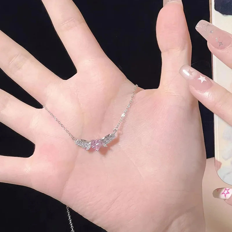 Hazel Fairy Wing Pink Heart Zircon Pendant Necklace