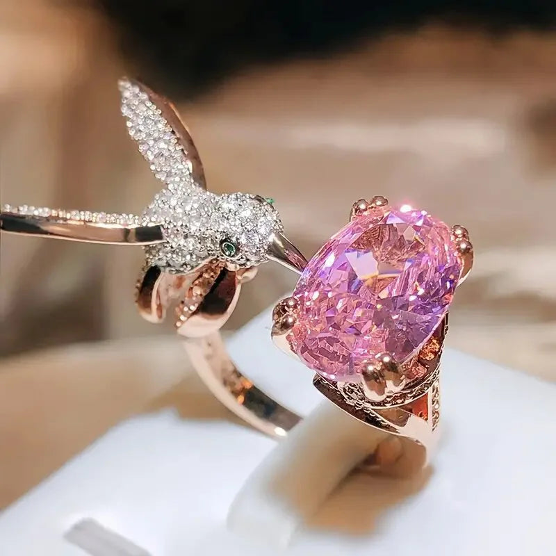 Gold Kingfisher Humming Bird Ring Pink Diamond