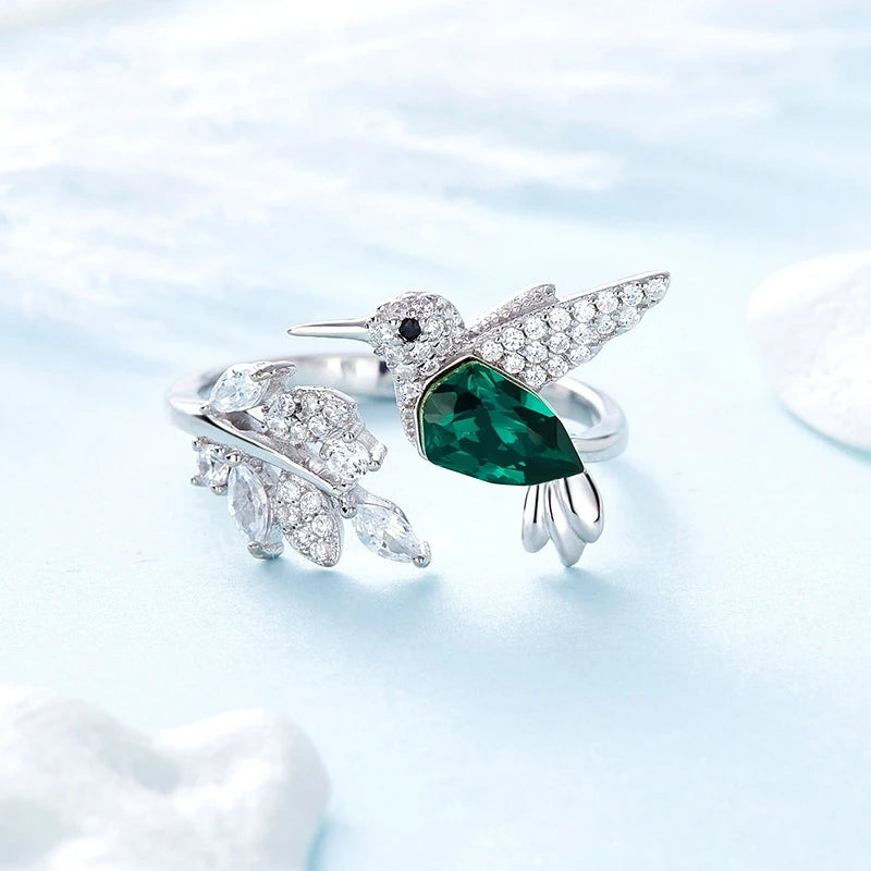 Kingfisher Novelty Humming Bird Crystal Wings Ring With Micro Zircon