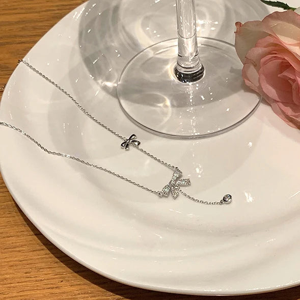 Double Bow-Knot Zircon Korean Pendant Necklace