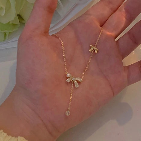 Double Bow-Knot Zircon Korean Pendant Necklace