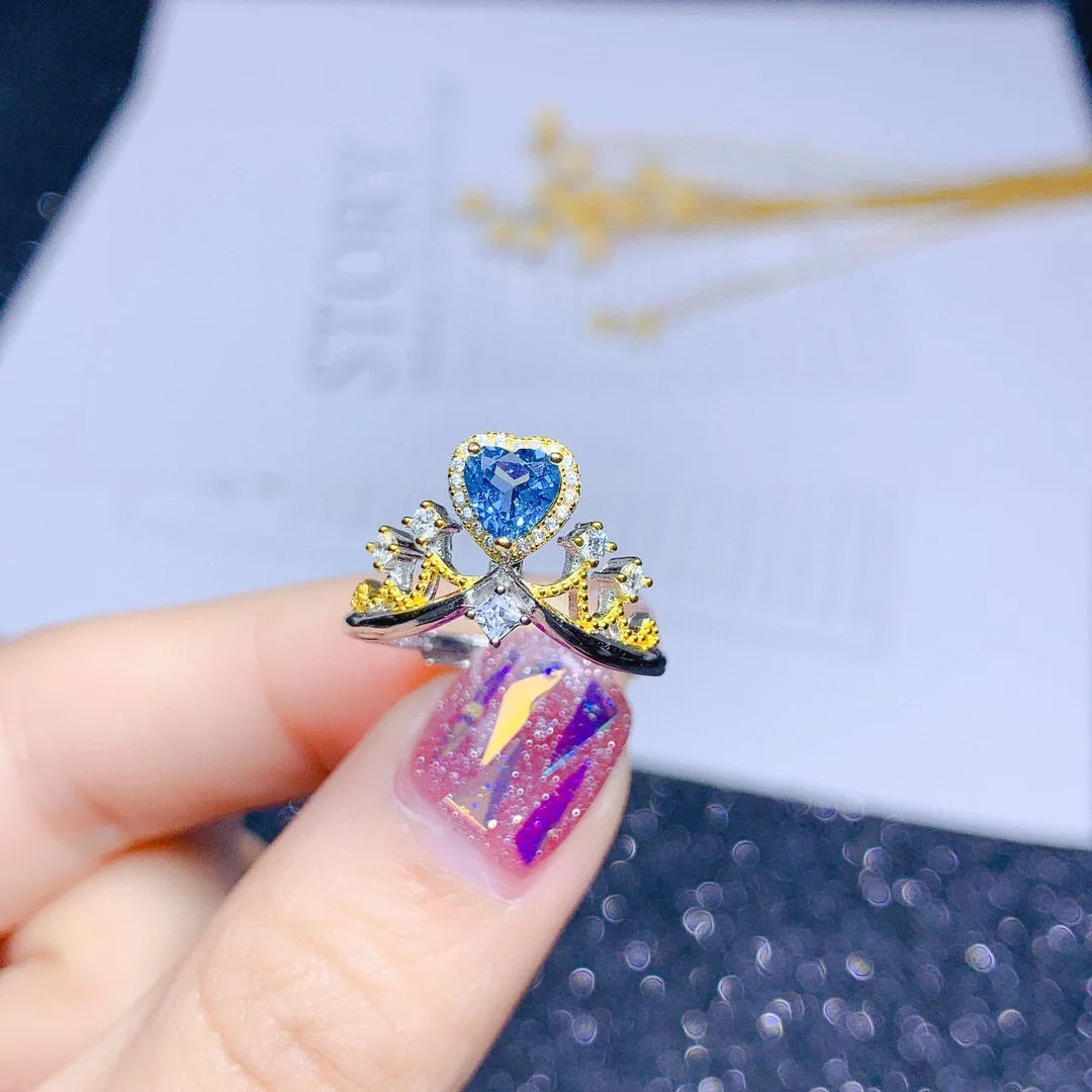 Sapphire Blue Angel Wing Necklace With Crown Ring Set Adjustable