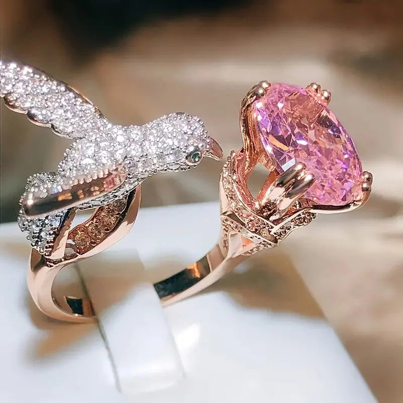 Gold Kingfisher Humming Bird Ring Pink Diamond