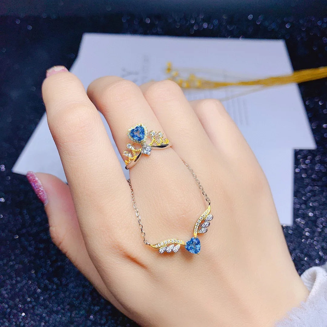 Sapphire Blue Angel Wing Necklace With Crown Ring Set Adjustable