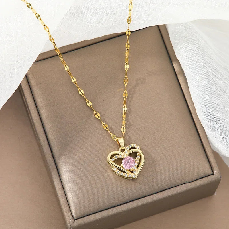 Love Bond Double Heart Pink Diamond Pendant Necklace