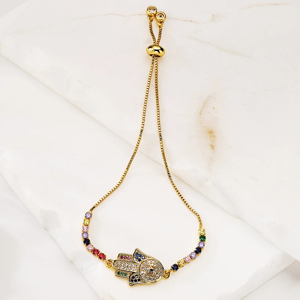 Fatima Palm Hand Adjustable Box Chain Zircon Bracelet