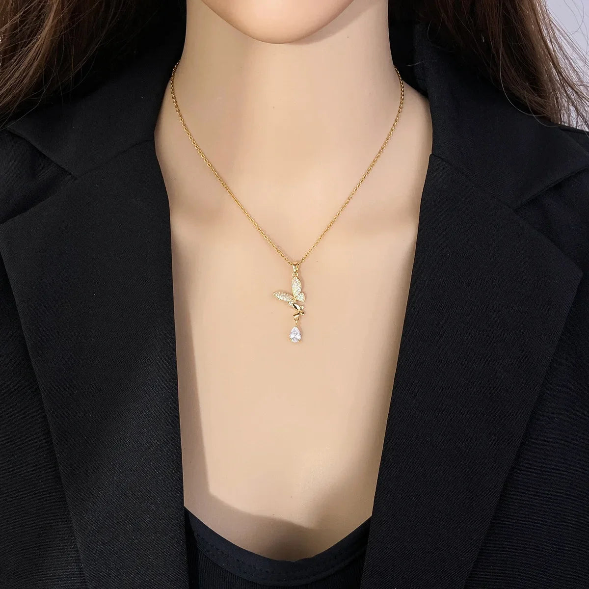 Clover Butterfly Zircon Pendant Necklace