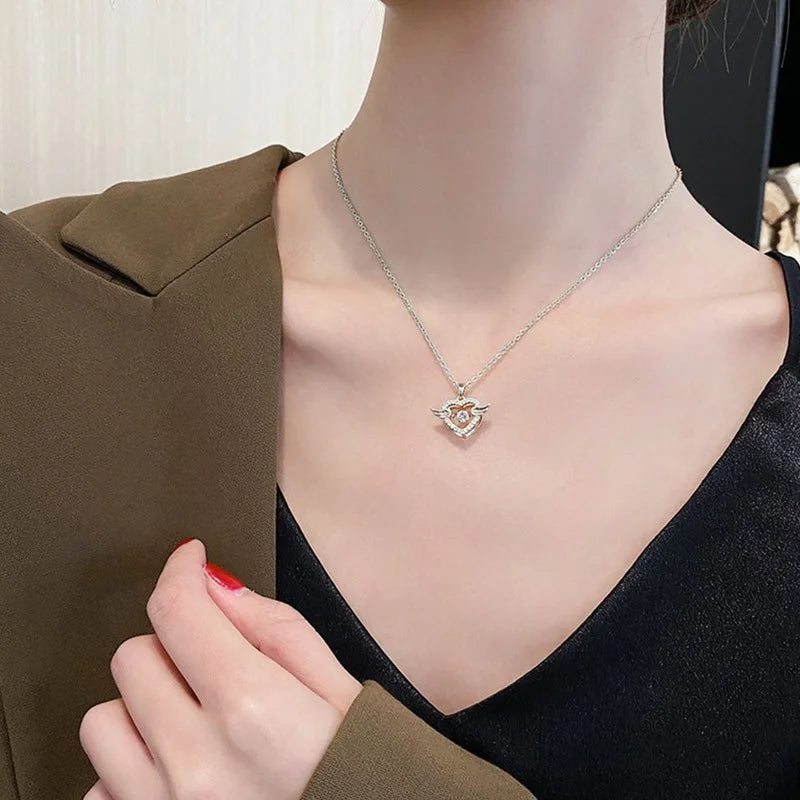 Heart Angel Wing Platinum Plated Zircon Pendant Necklace