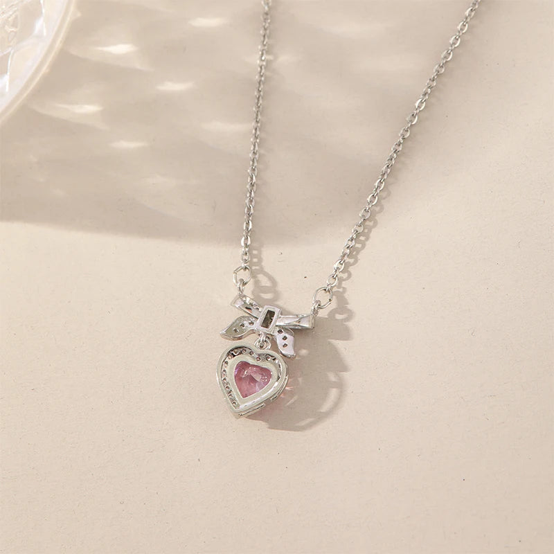 Pink Heart Bow-Knot Zircon Pendant Necklace