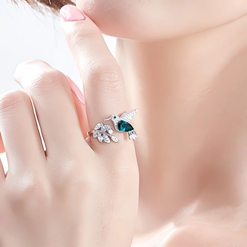 Kingfisher Novelty Humming Bird Crystal Wings Ring With Micro Zircon
