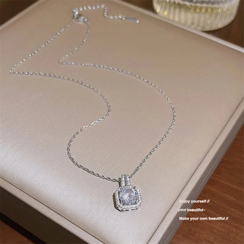Diamond Square Platinum Plated Silver Zircon Pendant Necklace