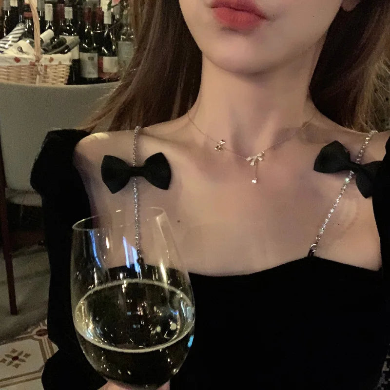 Double Bow-Knot Zircon Korean Pendant Necklace