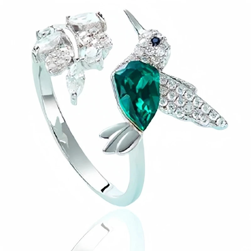 Kingfisher Novelty Humming Bird Crystal Wings Ring With Micro Zircon