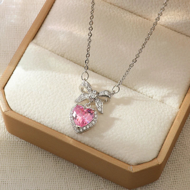 Pink Heart Bow-Knot Zircon Pendant Necklace