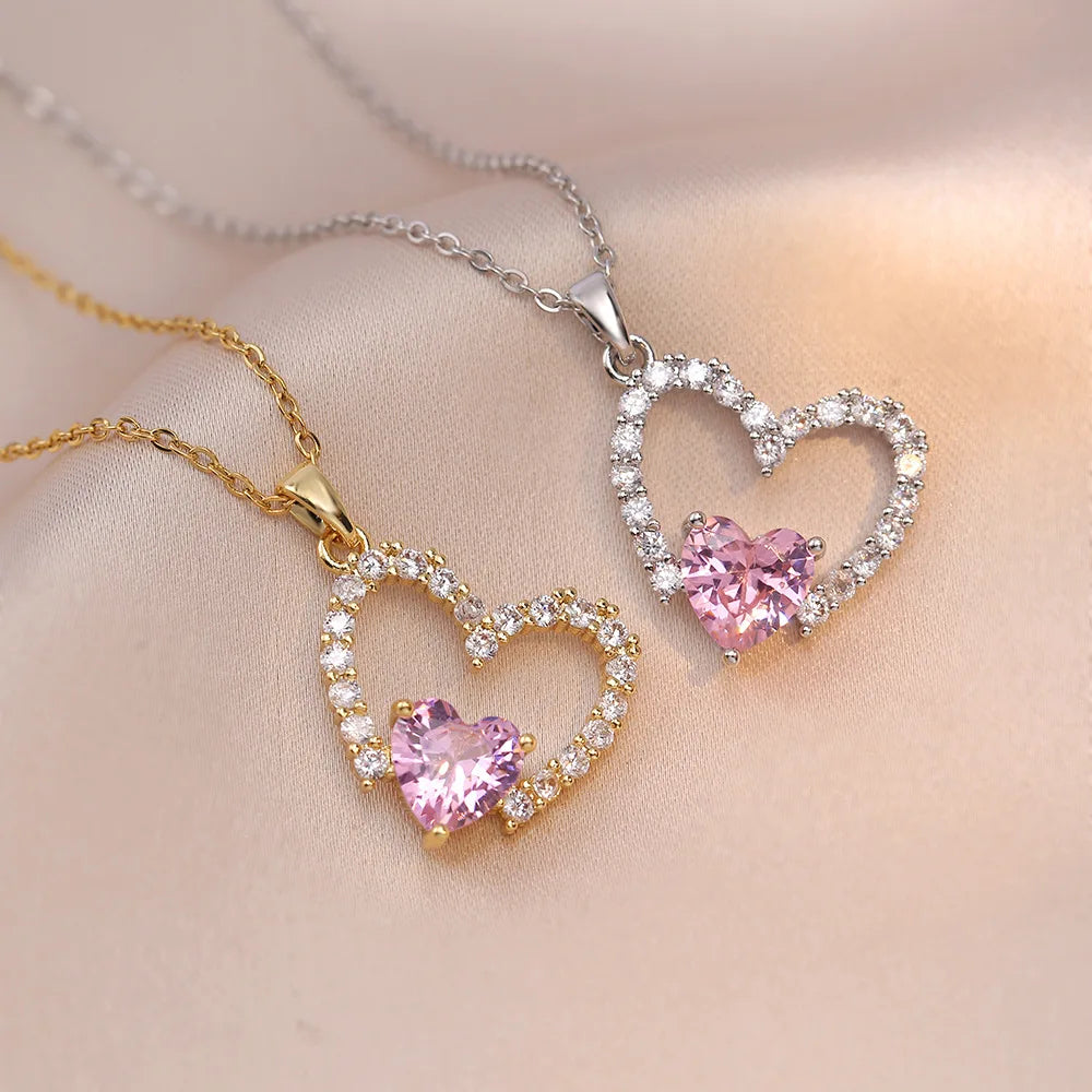 Better Half Pink Heart Zircon Korean Pendant Necklace