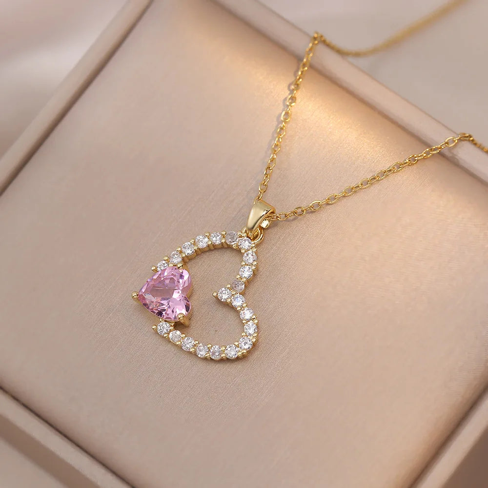 Better Half Pink Heart Zircon Korean Pendant Necklace