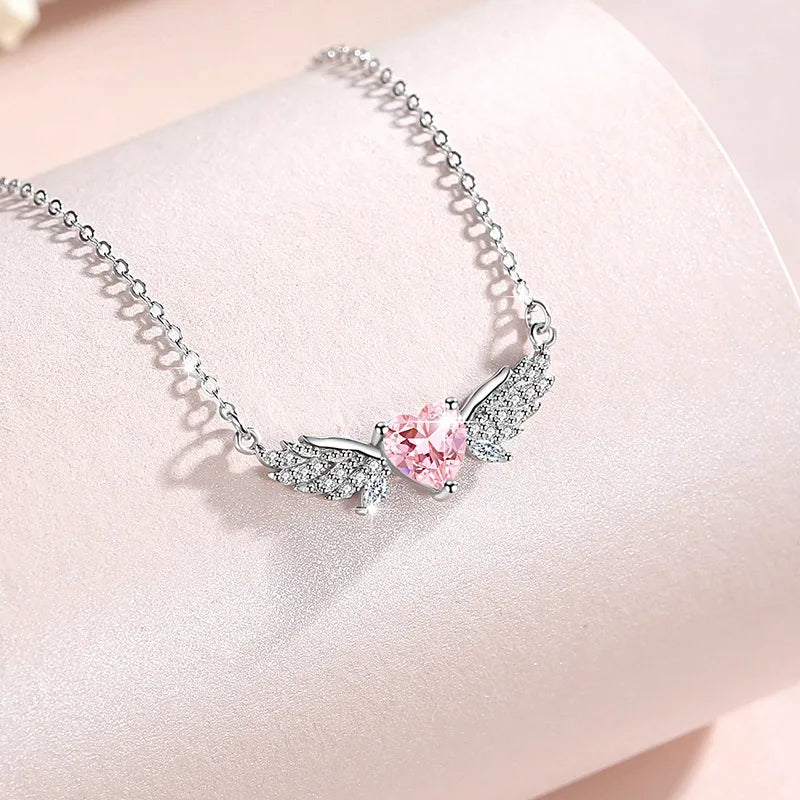 Hazel Fairy Wing Pink Heart Zircon Pendant Necklace