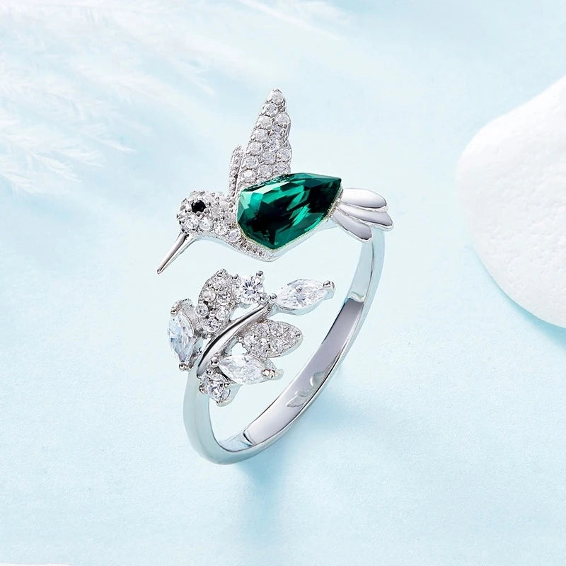 Kingfisher Novelty Humming Bird Crystal Wings Ring With Micro Zircon