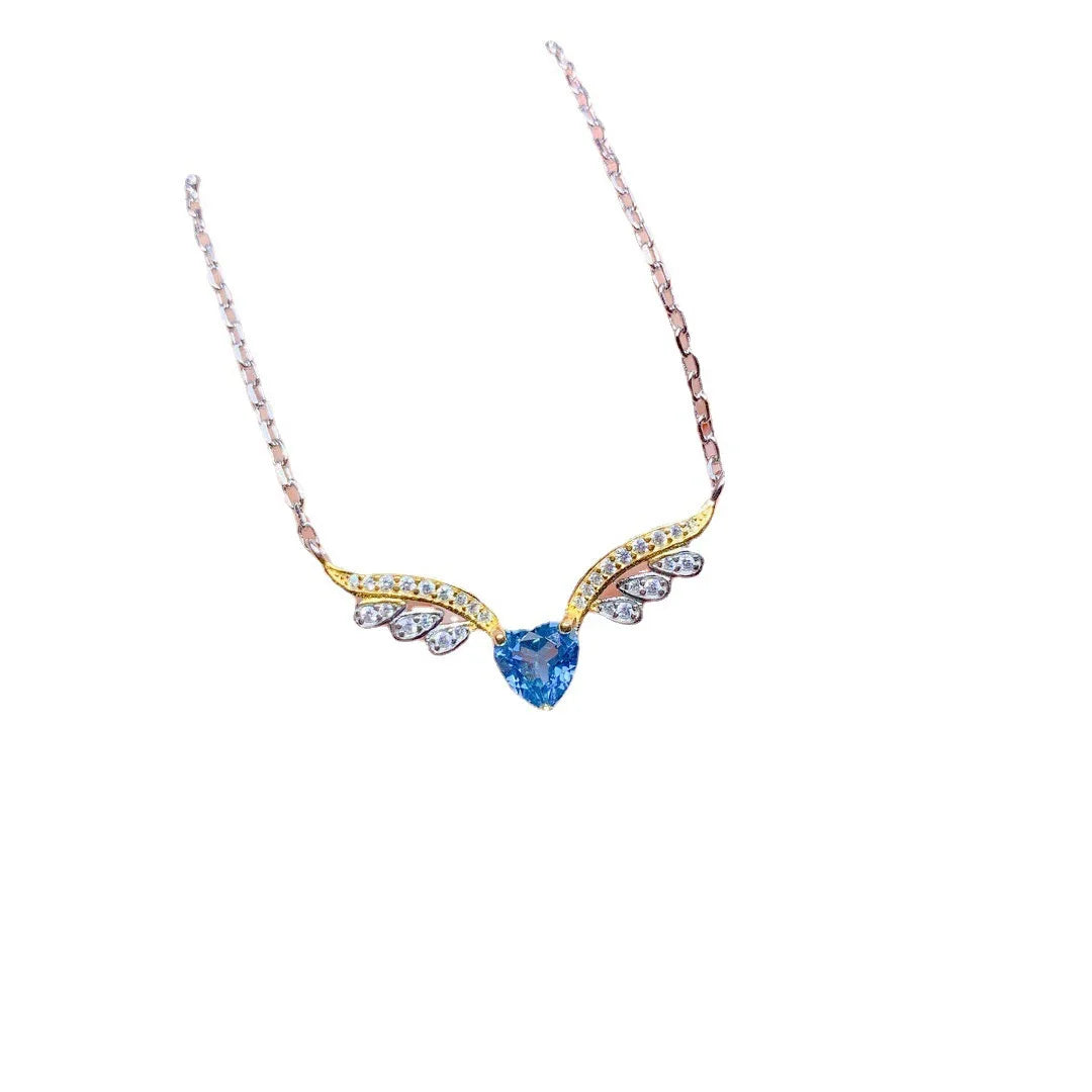 Sapphire Blue Angel Wing Necklace With Crown Ring Set Adjustable
