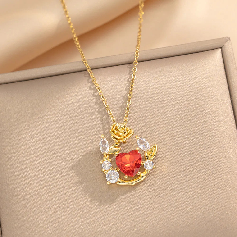 Red Diamond Heart Rose Zircon Pendant Necklace