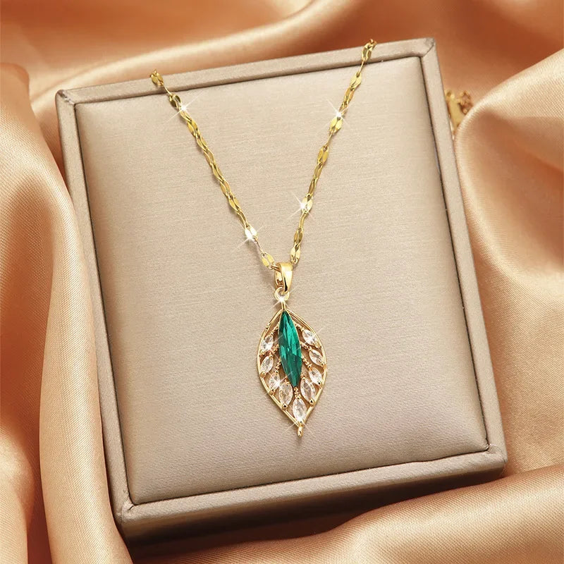 Green Palm Leaf Zircon Pendant Necklace