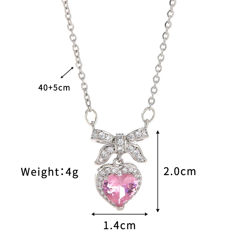 Pink Heart Bow-Knot Zircon Pendant Necklace