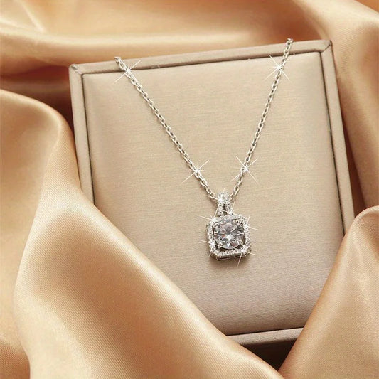 Diamond Square Platinum Plated Silver Zircon  Pendant Necklace