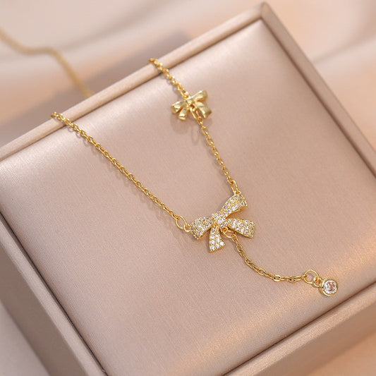 Double Bow-Knot  Zircon Korean Pendant Necklace