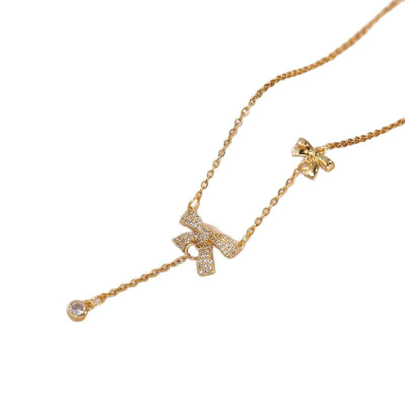 Double Bow-Knot  Zircon Korean Pendant Necklace