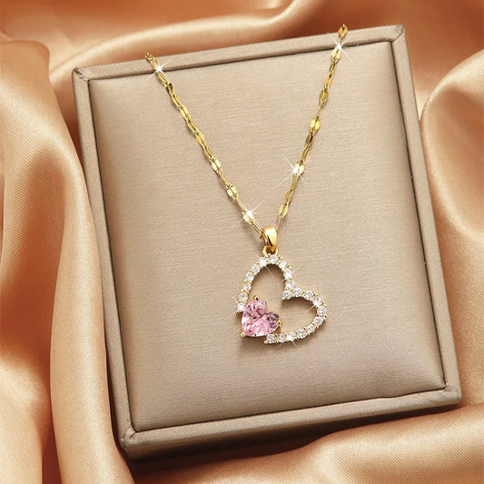 Better Half Pink Heart  Zircon Korean Pendant Necklace