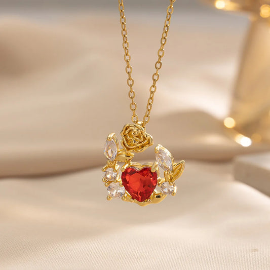 Red Diamond Heart Rose Zircon Pendant Necklace