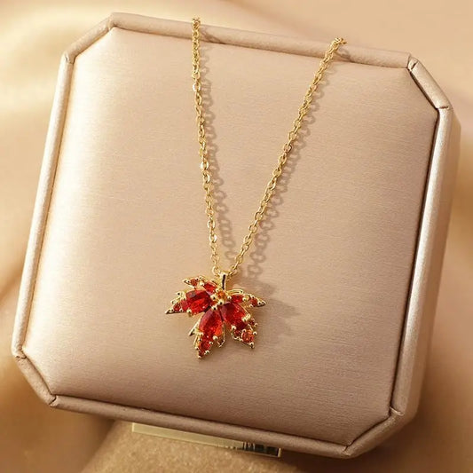 Red  Maple Leaf  Zircon Korean Pendant Necklace