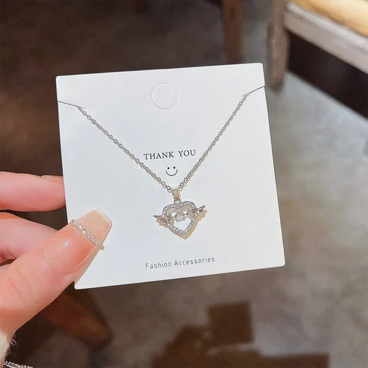 Heart Angel Wing  Platinum Plated Zircon Pendant Necklace
