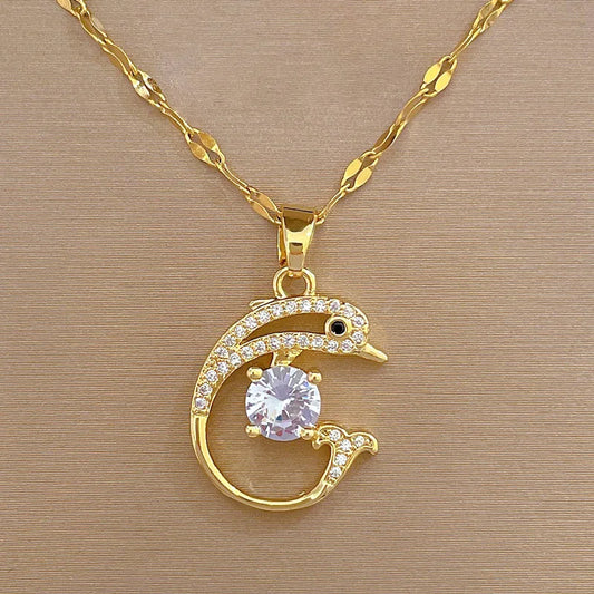 Diamond Dolphin  Zircon  Pendant Necklace