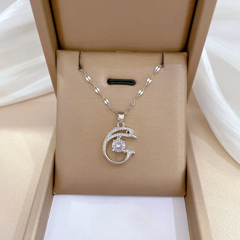 Diamond Dolphin  Zircon  Pendant Necklace