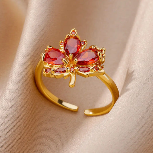Red Maple Leaf Rings Adjustable