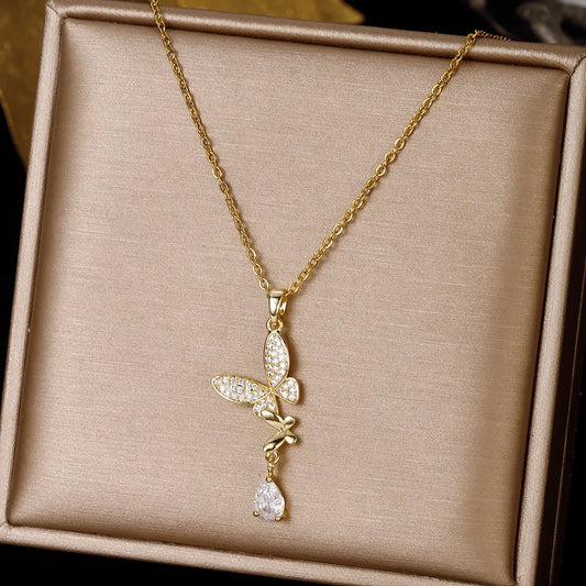 Clover Butterfly  Zircon  Pendant Necklace