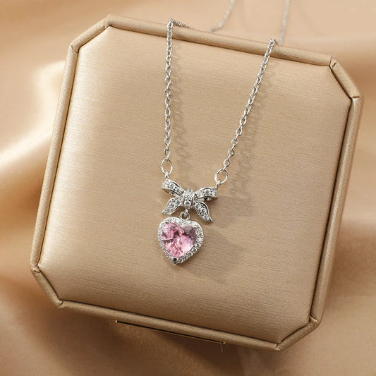 Pink Heart Bow-Knot  Zircon  Pendant Necklace