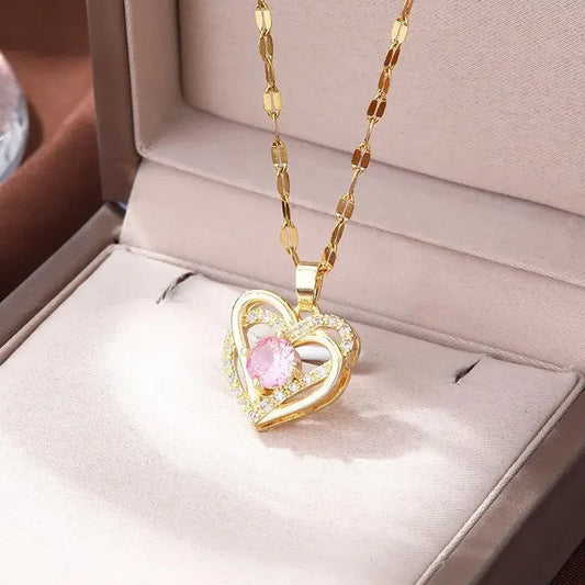 Love Bond Double Heart Pink Diamond  Pendant Necklace