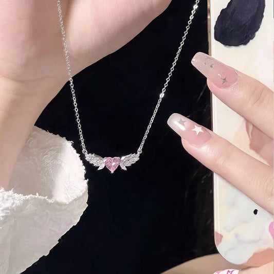 Hazel Fairy Wing Pink Heart Zircon  Pendant Necklace