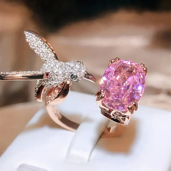 Gold  Kingfisher Humming Bird Ring Pink  Diamond
