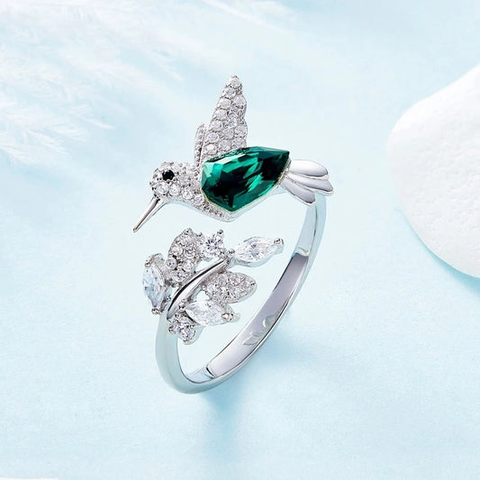 Kingfisher Novelty Humming Bird Crystal Wings Ring  With Micro Zircon